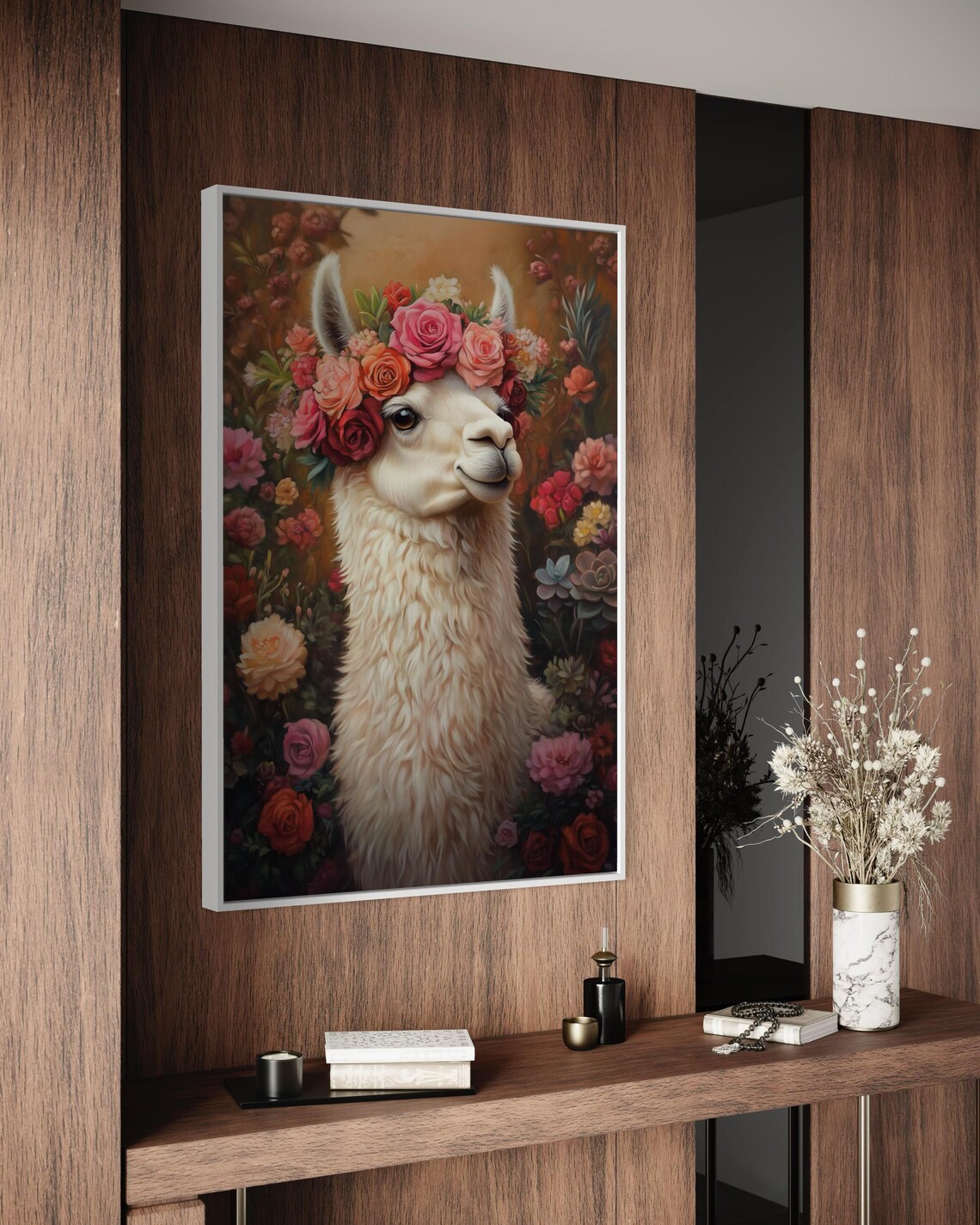 Smiling White Llama Wearing Floral Crown in Blooming Garden Poster - Image 6