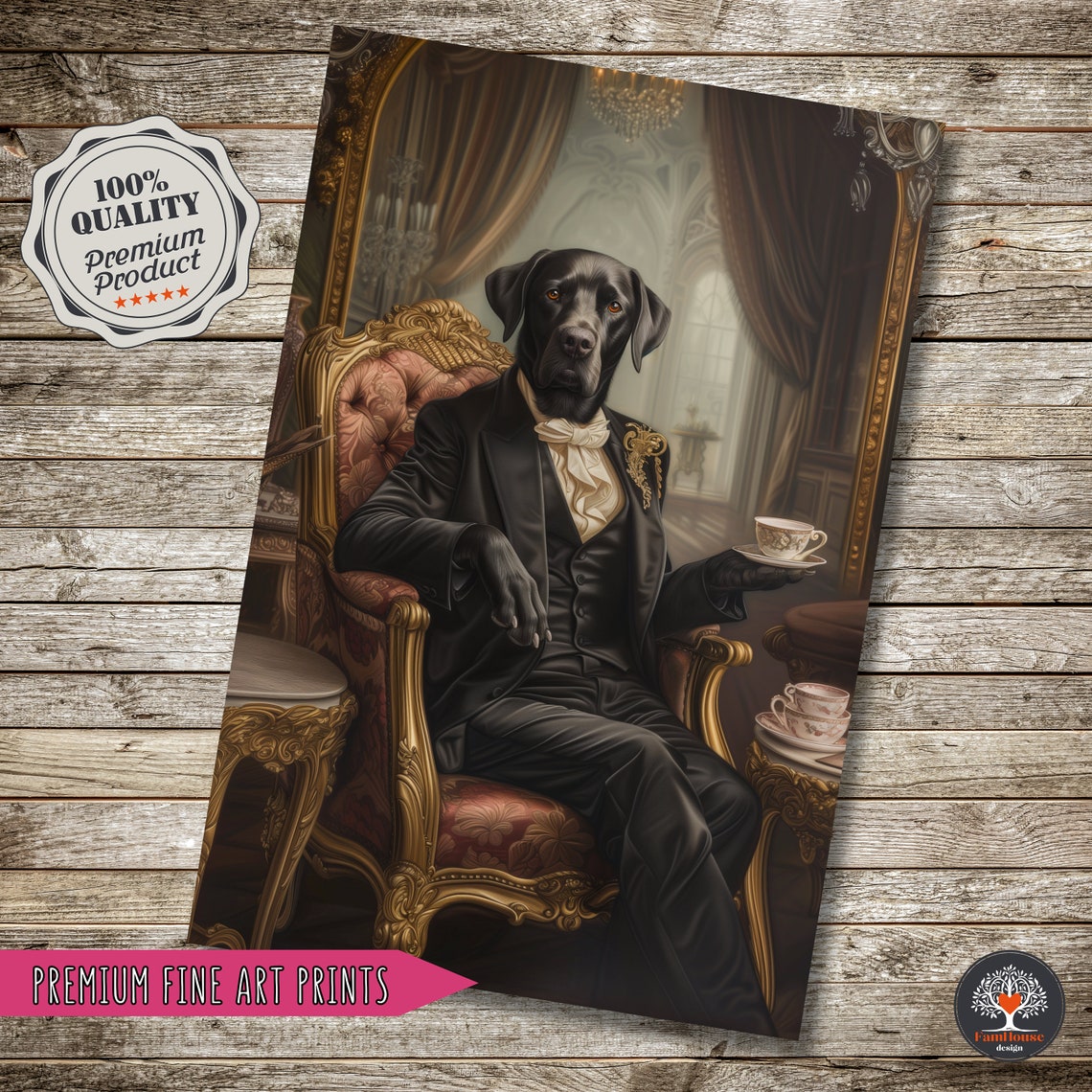 Black Labrador Gentleman in Tuxedo Holding Tea Cup Chair Poster - Image 5