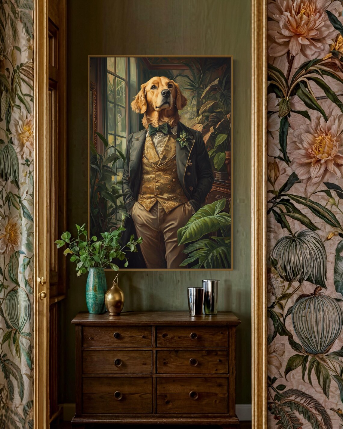 Golden Retriever Gentleman in Tailcoat Among Tropical Plants Poster - Image 5