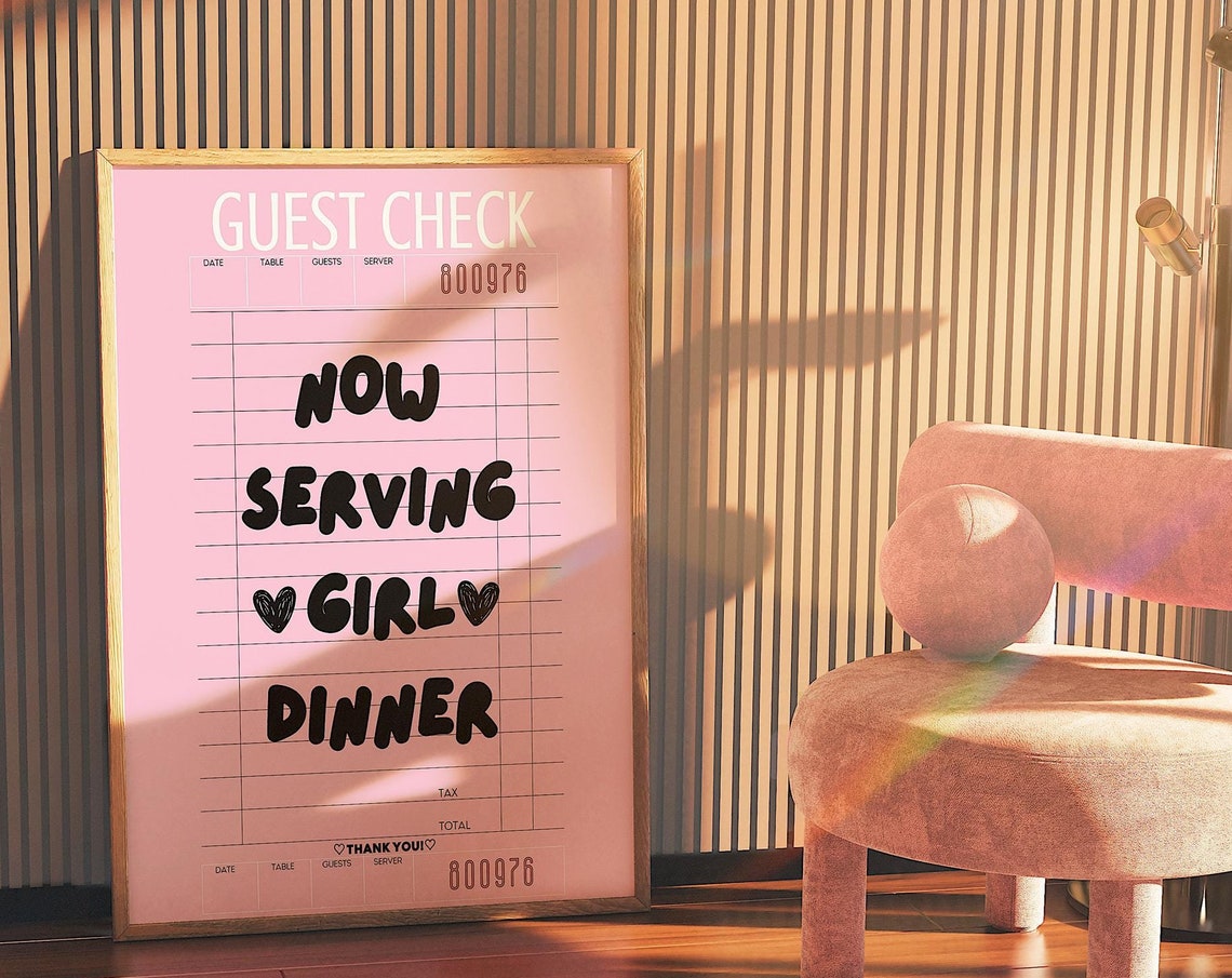 Pink Guest Check Now Serving Girl Dinner Kitchen Quote Print - Image 4