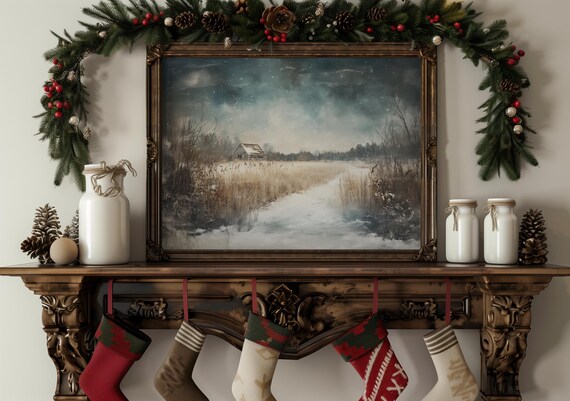 Snowy Winter Farmhouse Barn Scene Rustic Christmas Decor Poster