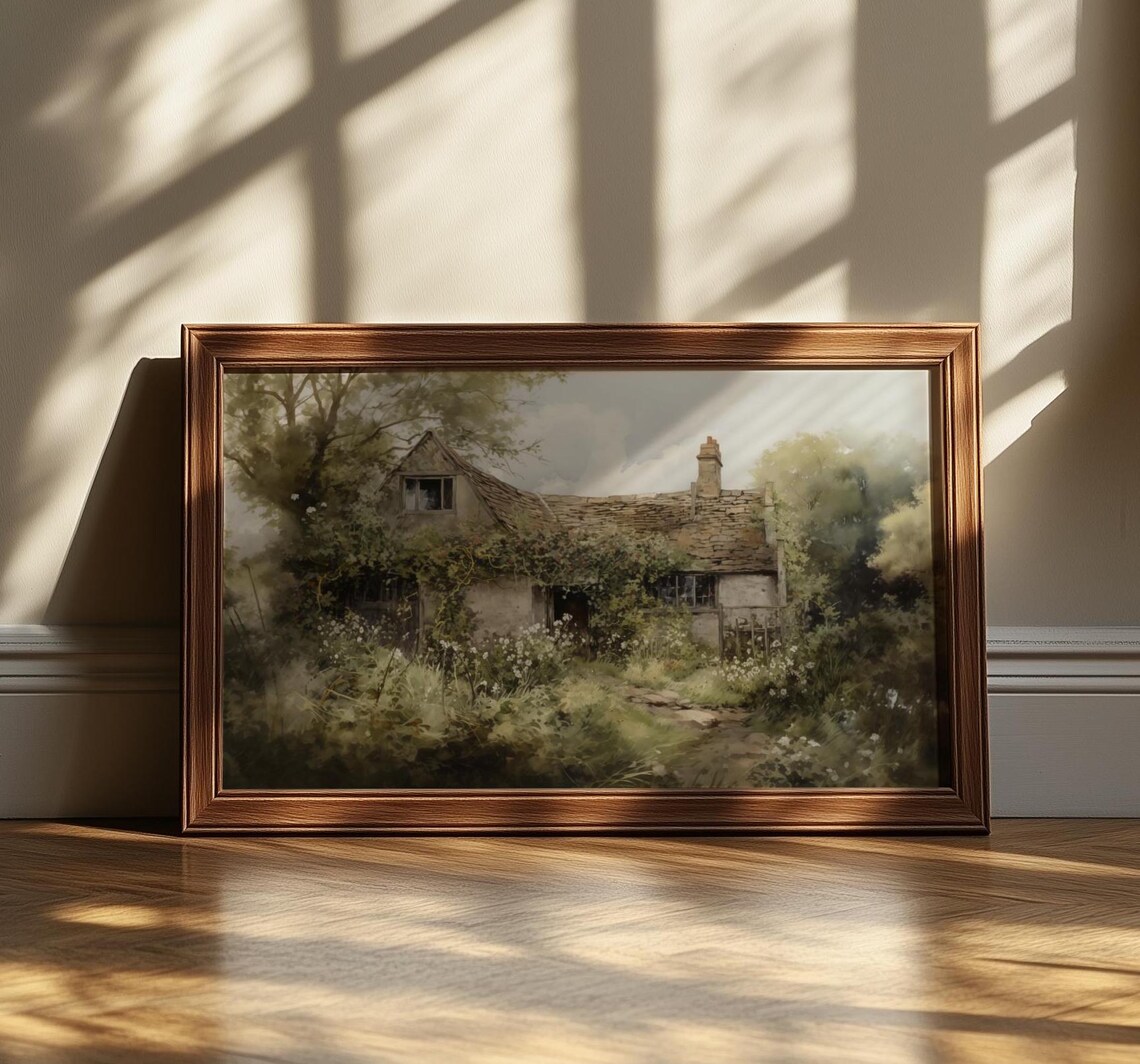Overgrown English Cottage Painting Lush Green Garden Scene Poster