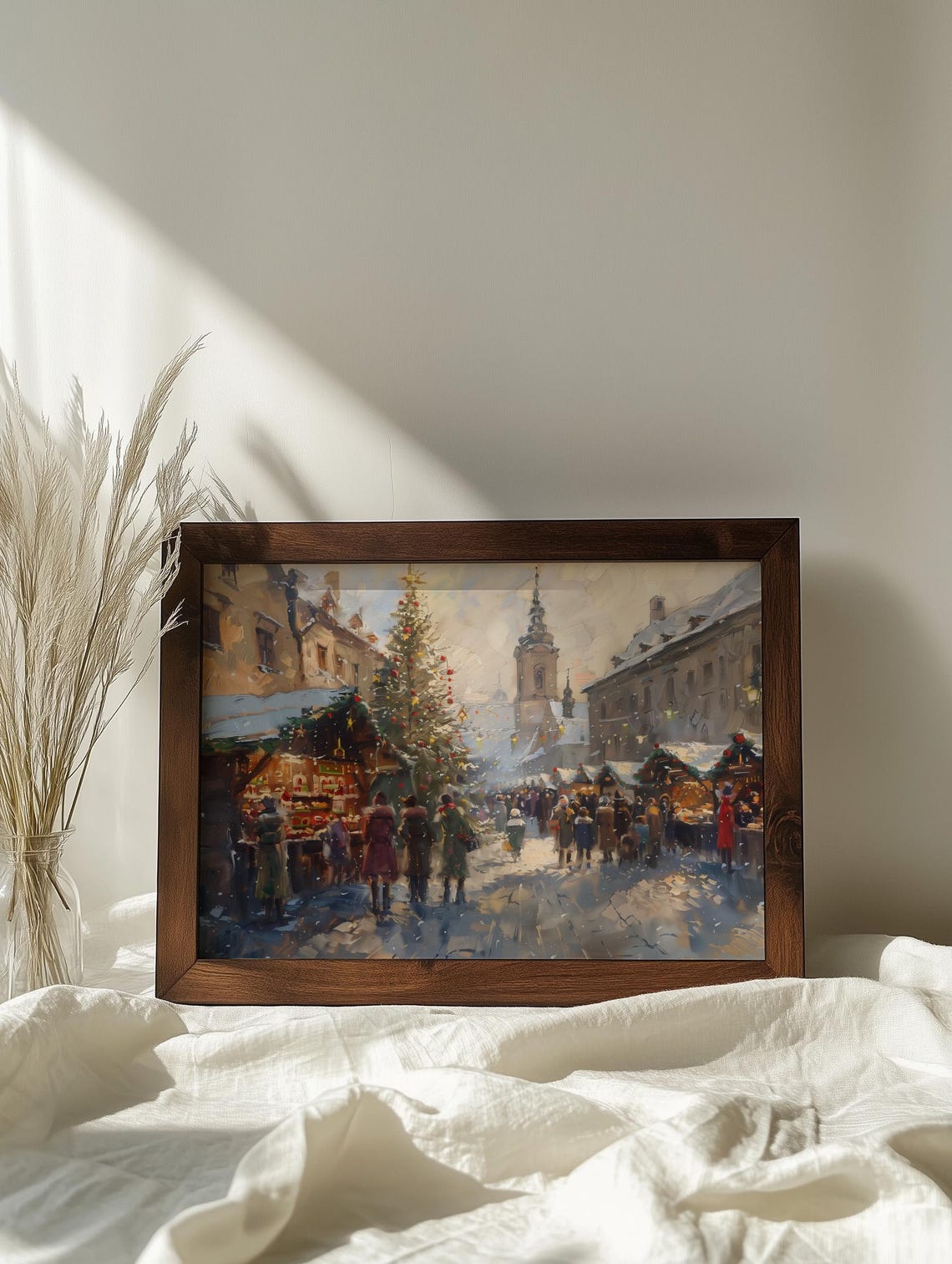 Antique Oil Painting European Christmas Market In Cozy Village Square Snowy Holiday Scene Art Regarts - Image 6