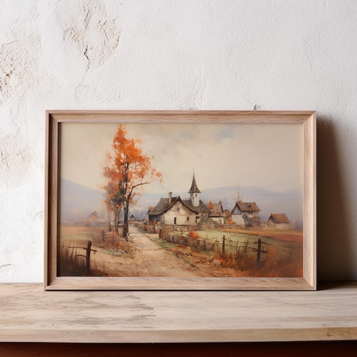 Quiet Autumn Village Painting Church Spire Orange Trees Poster - Image 4