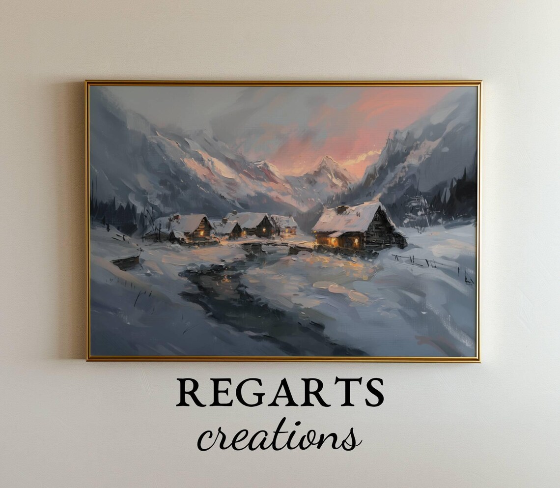Snowy Alpine Village Cabins At Sunset Mountain Oil Painting Poster