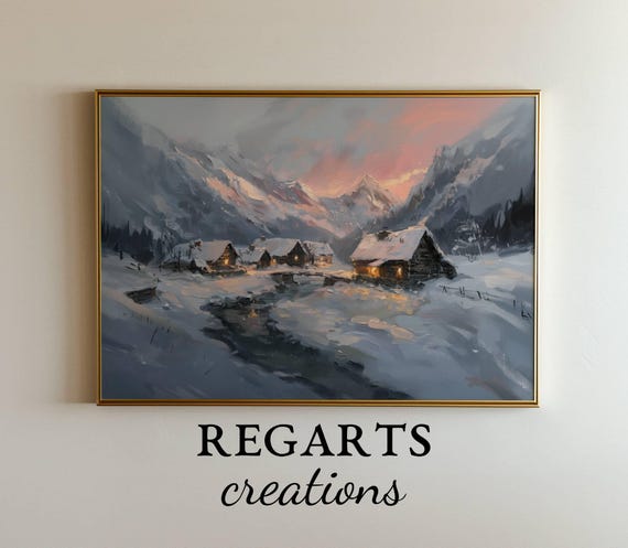 Antique Alpine Village Oil Painting Snowy Mountain Art Regarts