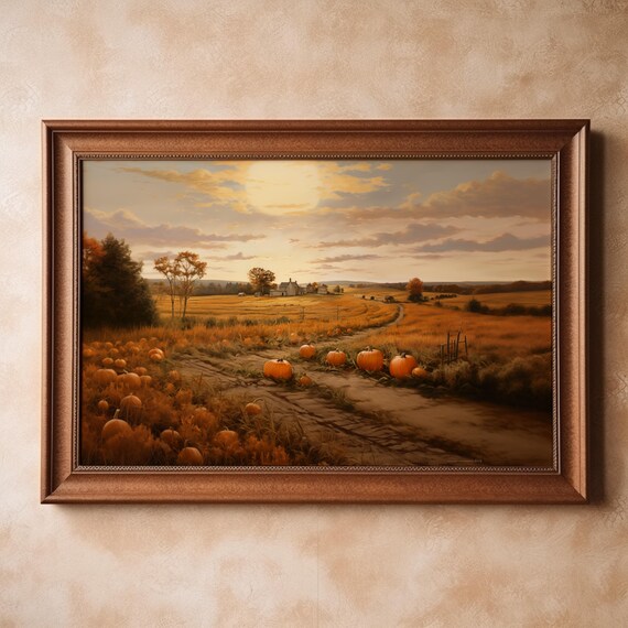 Pumpkin Patch Field Painting Harvest Sunset Farmhouse Scene Poster