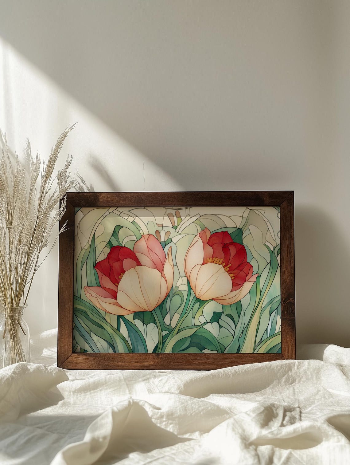 Art Nouveau Red And Cream Tulips Stained Glass Style Floral Poster - Image 7