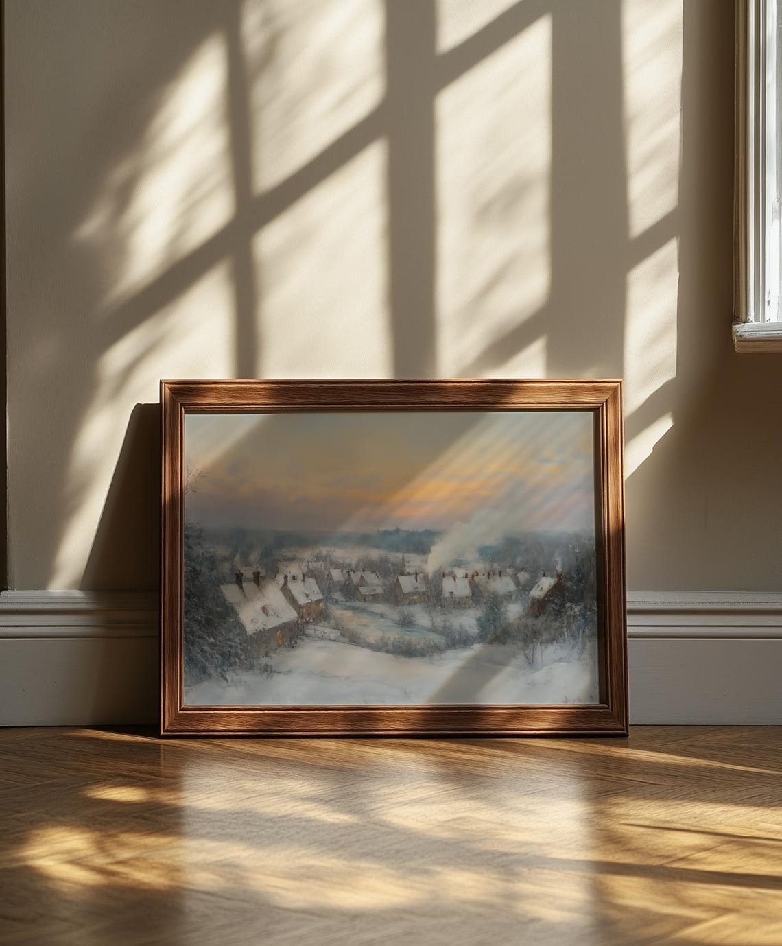Snowy Village At Sunset Smoke Rising Chimneys Winter Evening Poster - Image 5