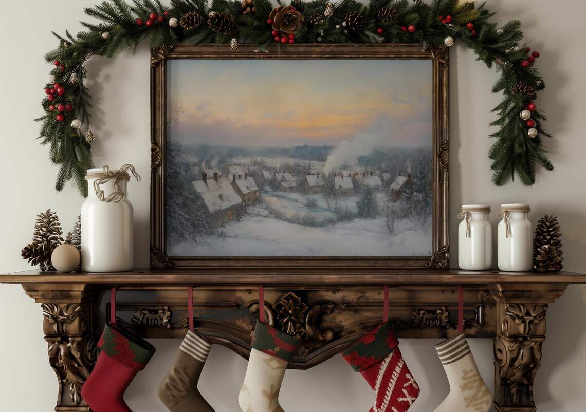 Snowy Village At Sunset Smoke Rising Chimneys Winter Evening Poster - Image 8