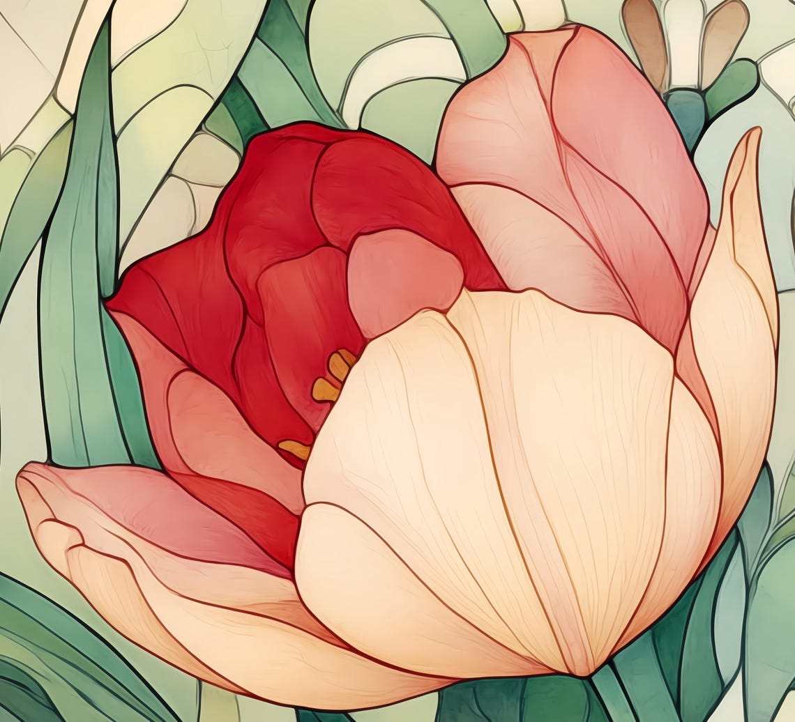 Art Nouveau Red And Cream Tulips Stained Glass Style Floral Poster - Image 6