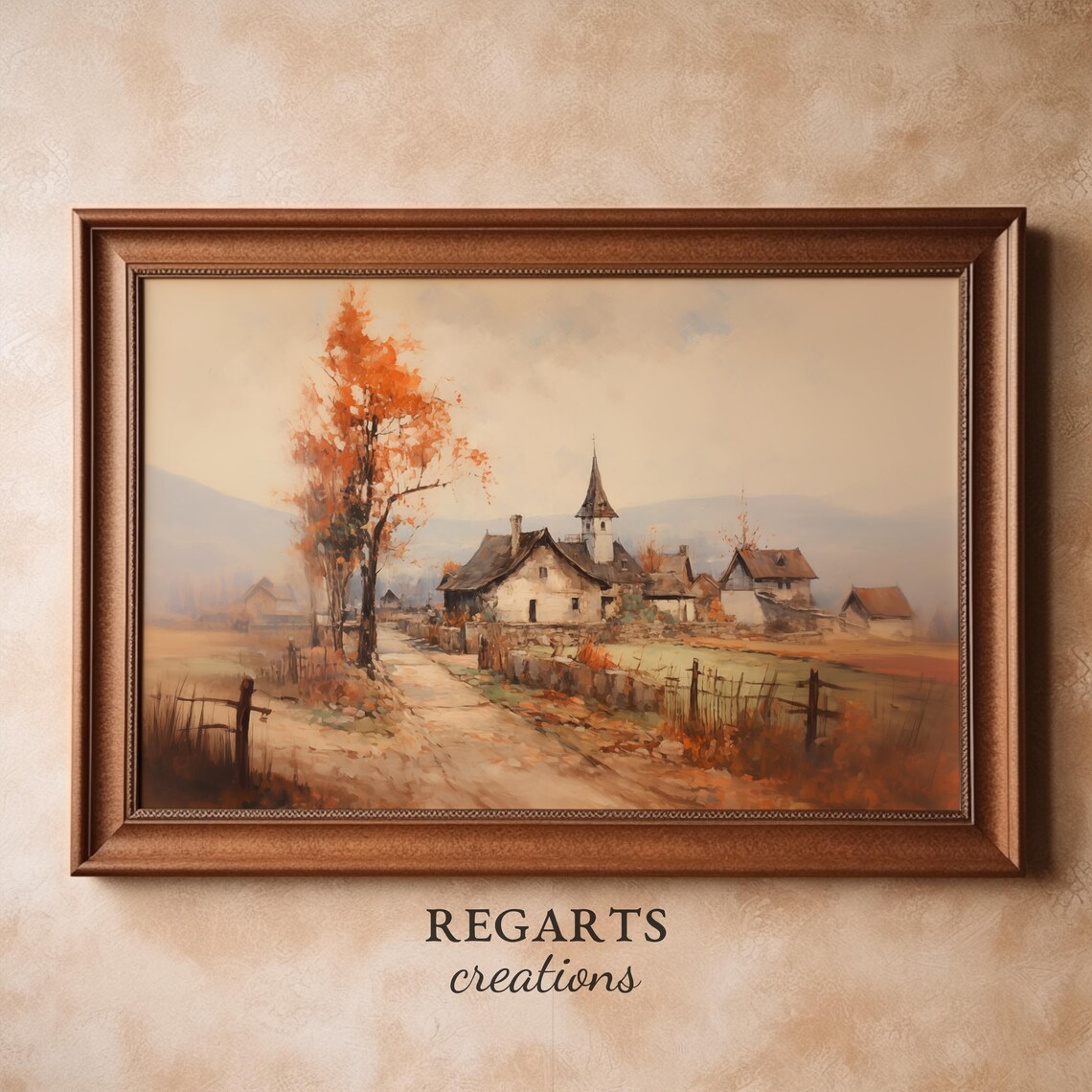 Quiet Autumn Village Painting Church Spire Orange Trees Poster - Image 2