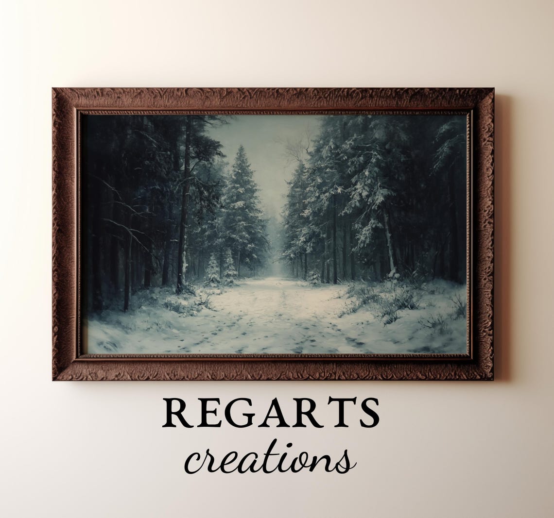 Winter Pine Forest Painting Snowy Path Cozy Rustic Scene Poster - Image 3