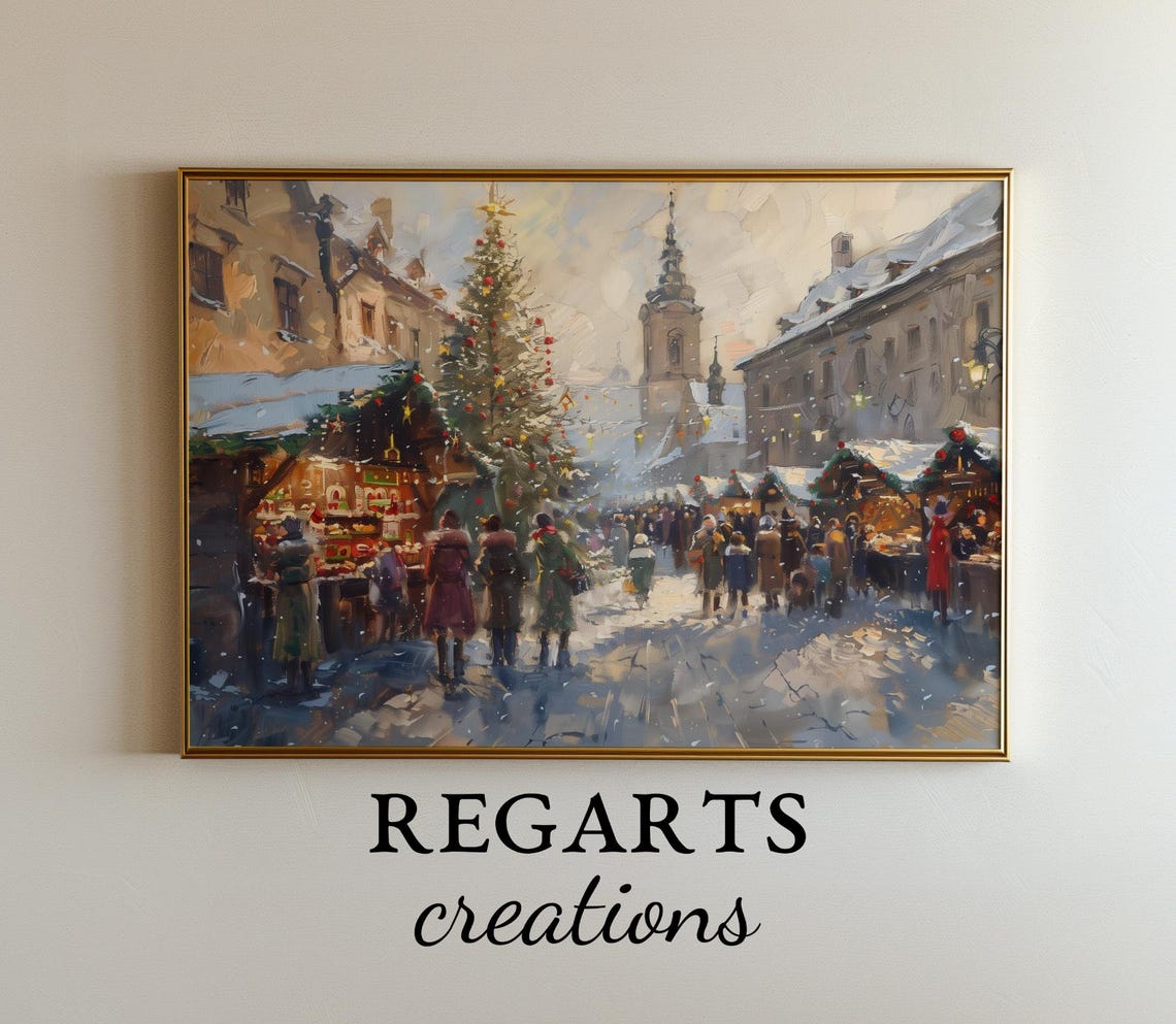 Antique Oil Painting European Christmas Market In Cozy Village Square Snowy Holiday Scene Art Regarts - Image 7