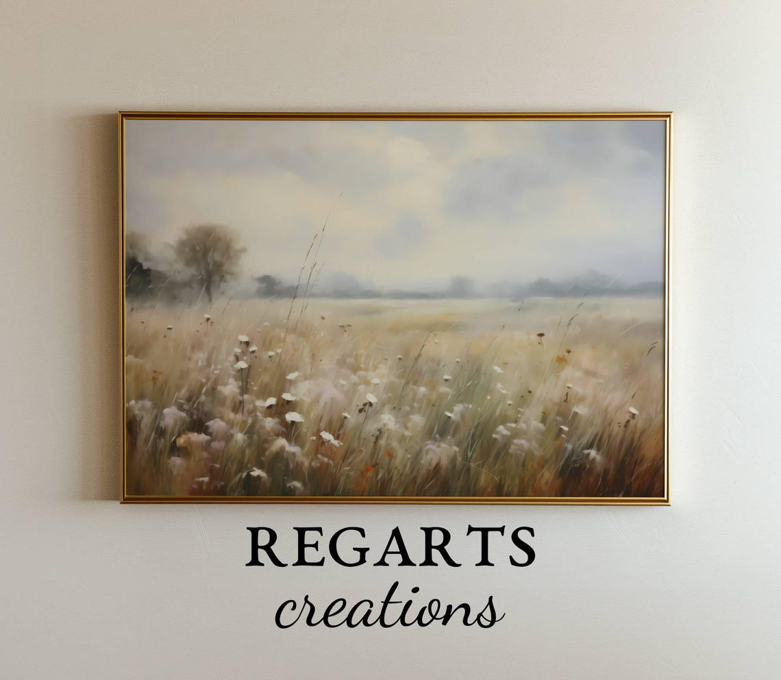 Misty Meadow Painting Tall Grass White Blooms Neutral Tones Poster