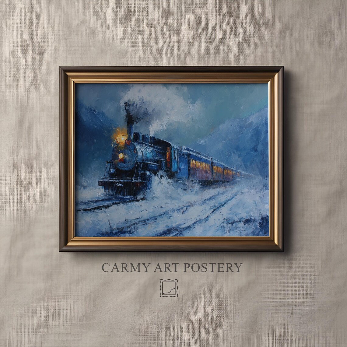 Steam Locomotive Snowy Night Journey Vintage Train Oil Painting Print