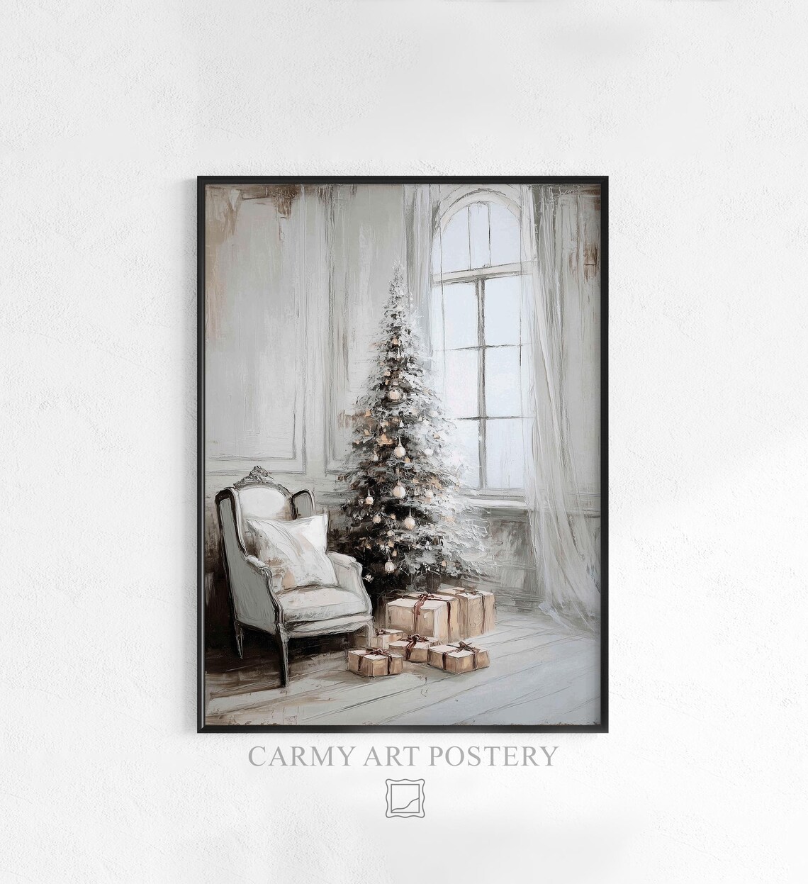 Vintage Neutral Christmas Tree Painting Cozy Holiday Living Room Poster