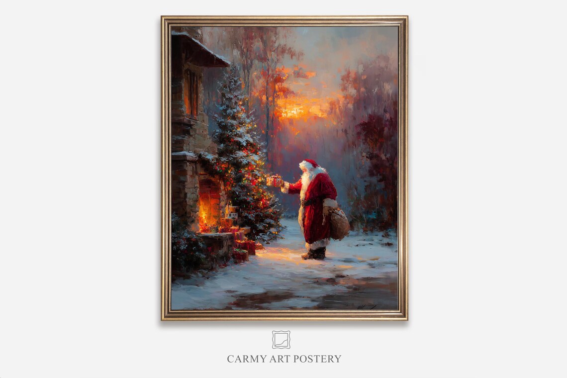 Santa Claus Delivering Gifts Snowy Cottage Sunset Vintage Holiday Poster