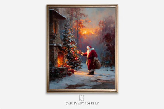 Santa Claus Delivering Gifts Snowy Cottage Sunset Vintage Holiday Poster