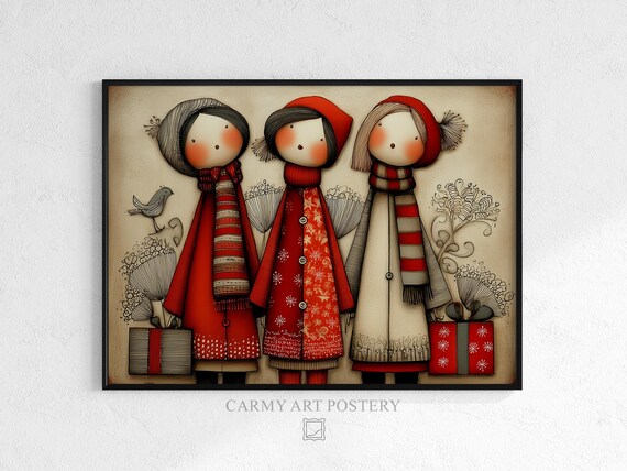 Folk Art Winter Decor Cozy Holiday Wall Cute Doll Figures In Red Coats Rustic Vintage Christmas Scene 433