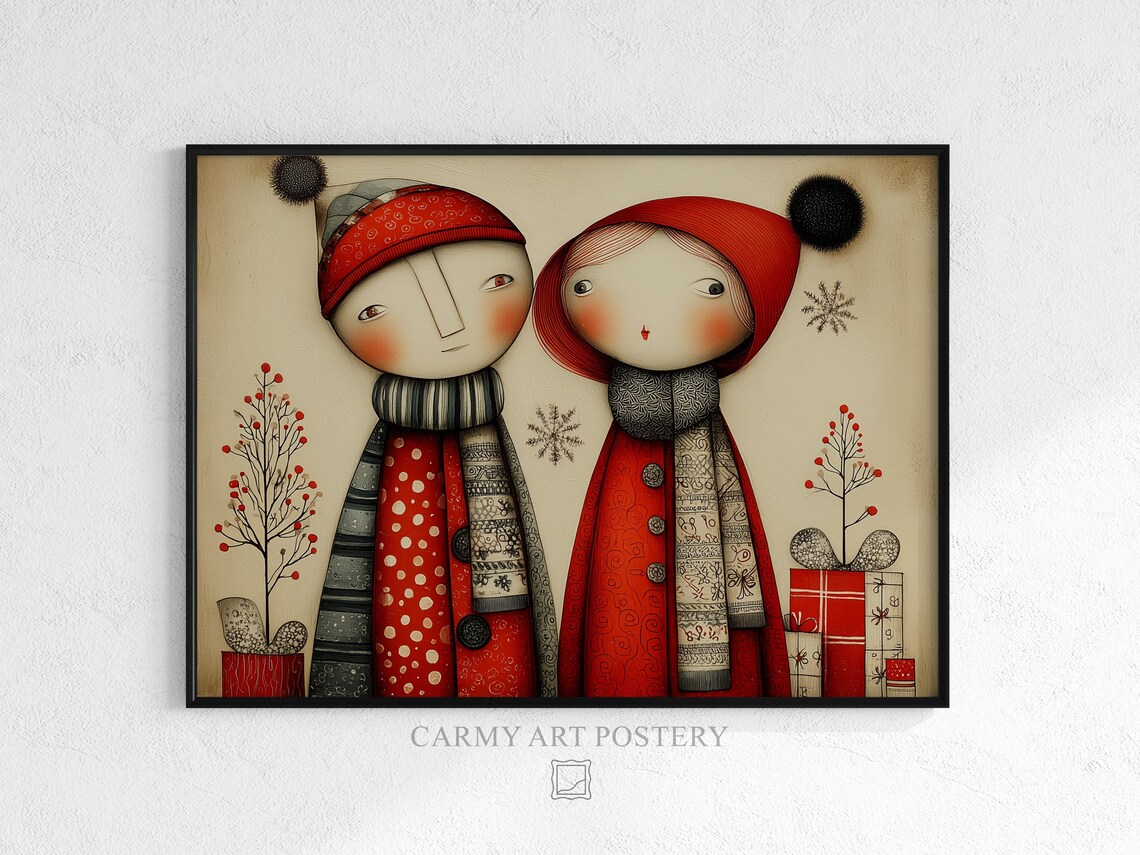 Vintage Christmas Children Red Winter Coats Gifts Folk Art Print