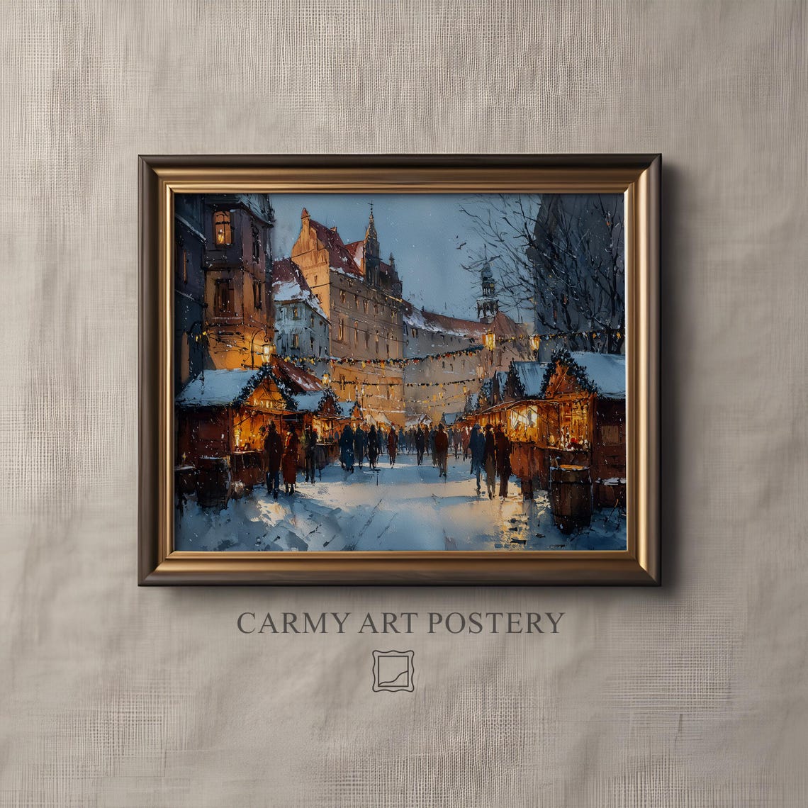 Old European Christmas Market Snowy Night Stalls Oil Style Poster