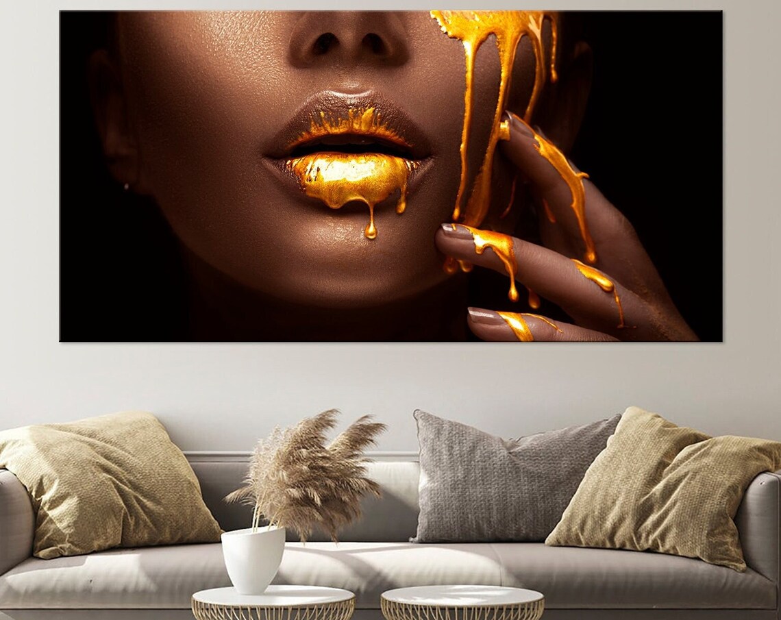 Golden Dripping Lips Gold Face Beauty Glamour Bold Modern Fashion Wall Poster