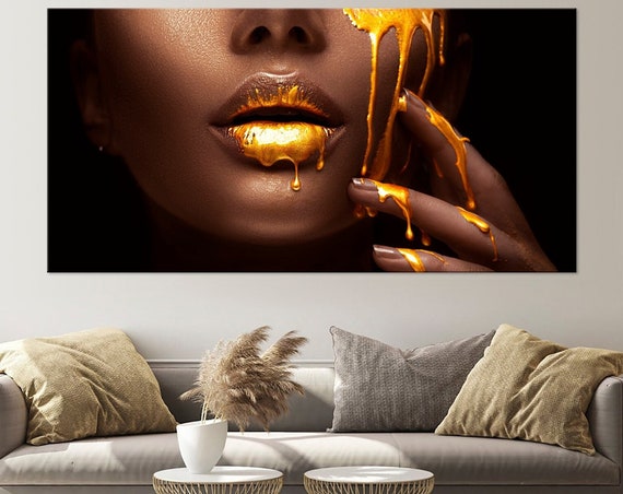 Gold Face Print Lips Wall Art Modern Lips Art Dripping Lips Makeup Print Afro Girl Woman Face Large Living Room Decor
