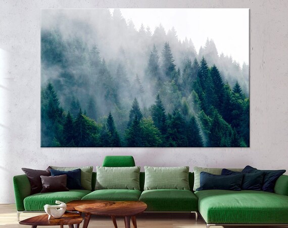 Foggy Pine Forest Print Evergreen Trees Art Green Forest Print Foggy Landscape Misty Forest Extra Large Office Wall Art