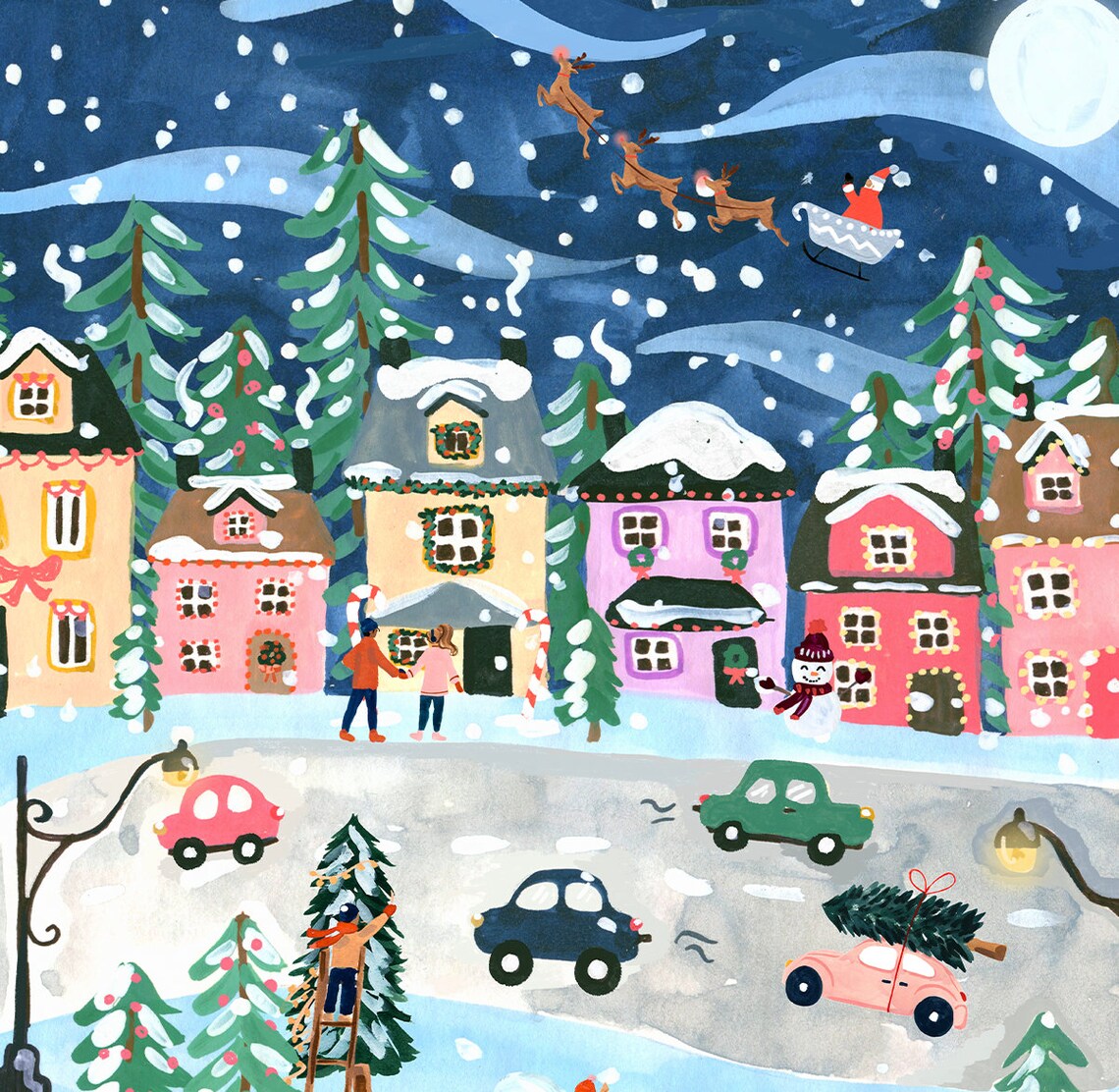 Snowy Christmas Village Night Santa Sleigh Holiday Card Art Print - Image 2