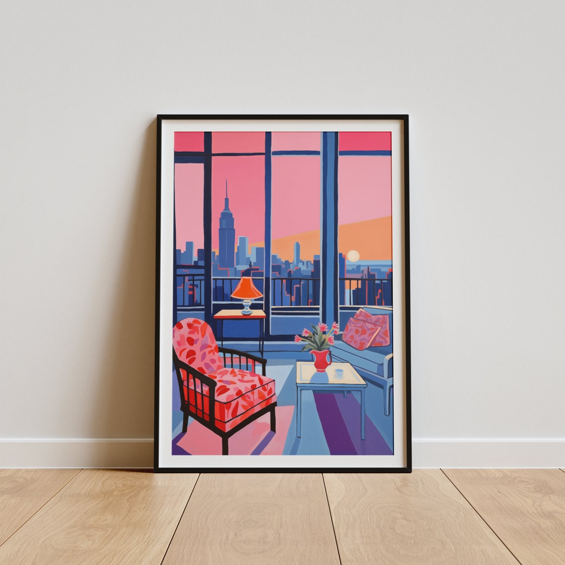 New York Sunset Skyline Apartment Interior Retro City Wall Art