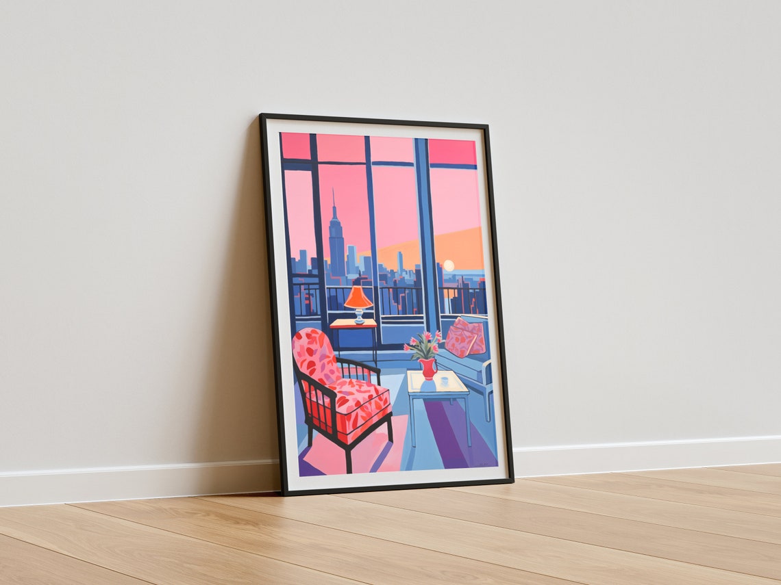 New York Sunset Skyline Apartment Interior Retro City Wall Art - Image 4