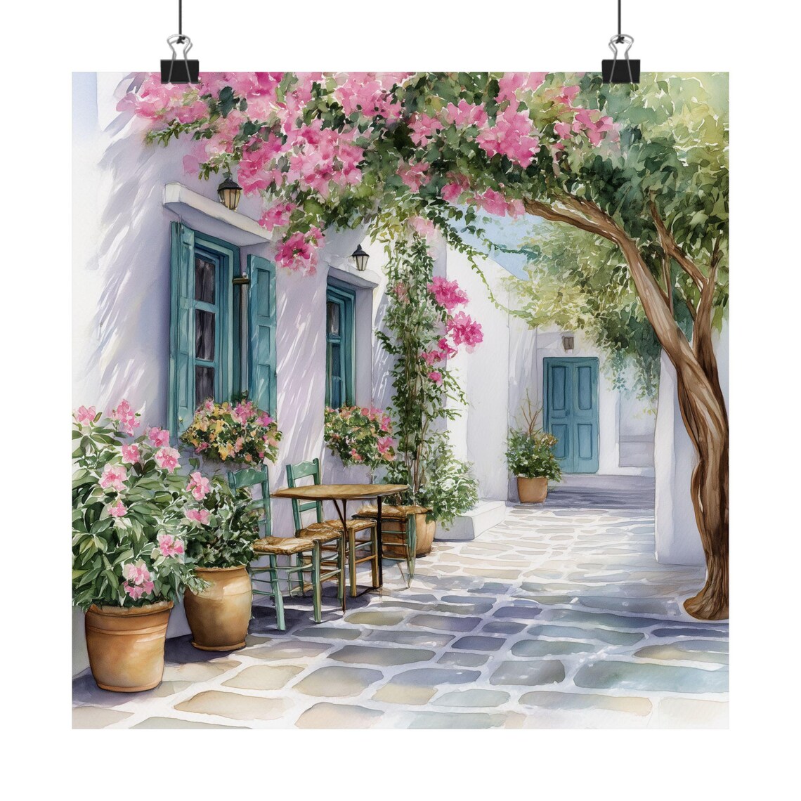 Paros Greece White Alley With Blue Shutters Bougainvillea Poster