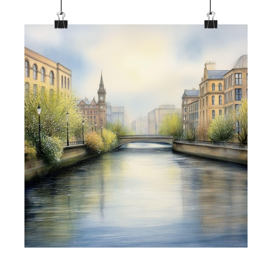 Glasgow River Clyde Watercolor Cityscape Scotland Travel Poster