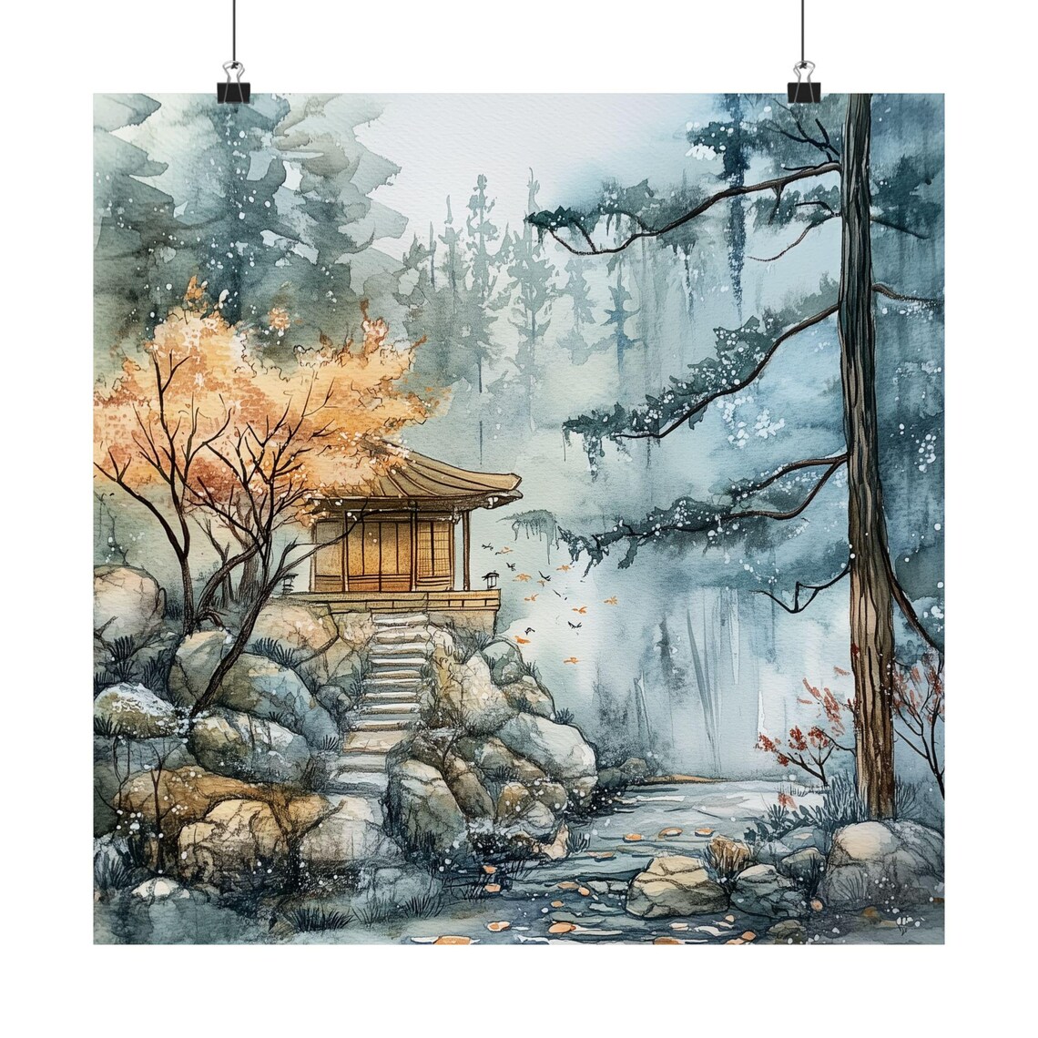 Japan Watercolor Misty Forest Travel Poster