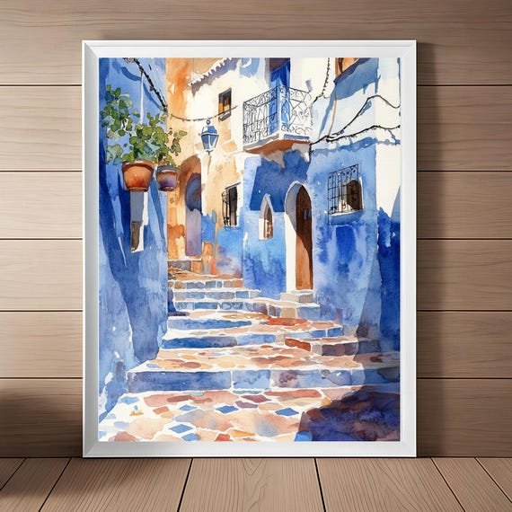 Blue Moroccan Art Streetscape Print Morocco Watercolor Painting Marrakesh Alleyway The Medina Medieval City Travel Poster Gift
