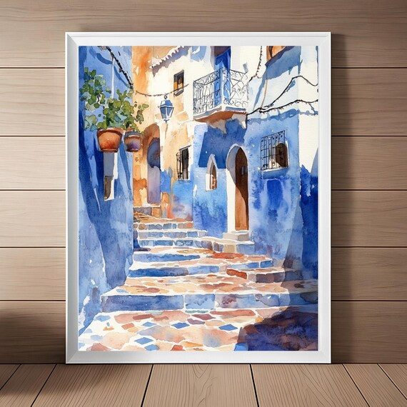 Morocco Blue Alleyway Watercolor Painted Stairs Travel Poster
