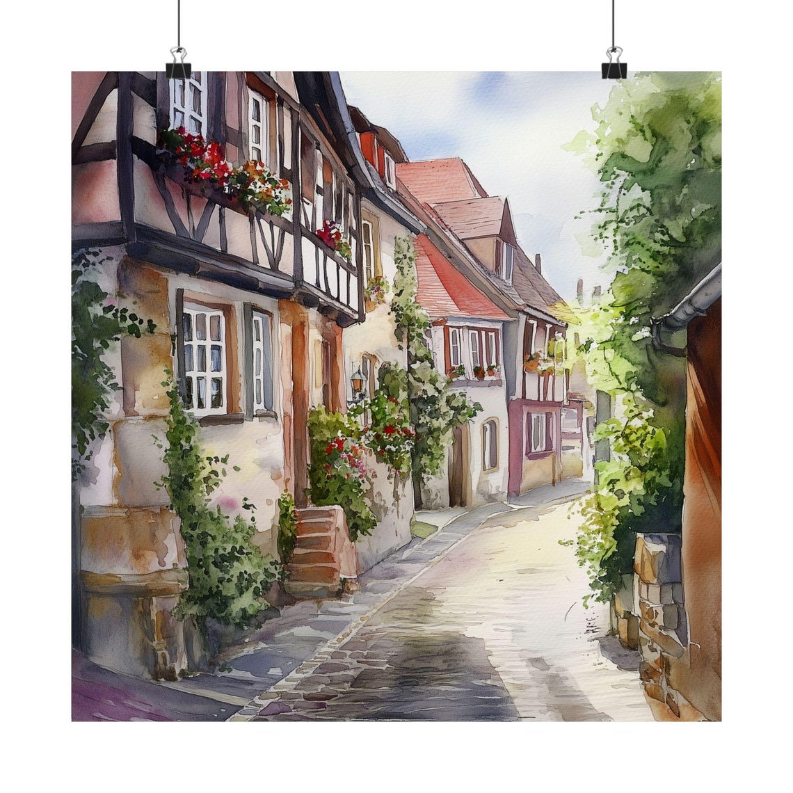 Heppenheim Germany Half Timbered Street Flower Watercolor Print