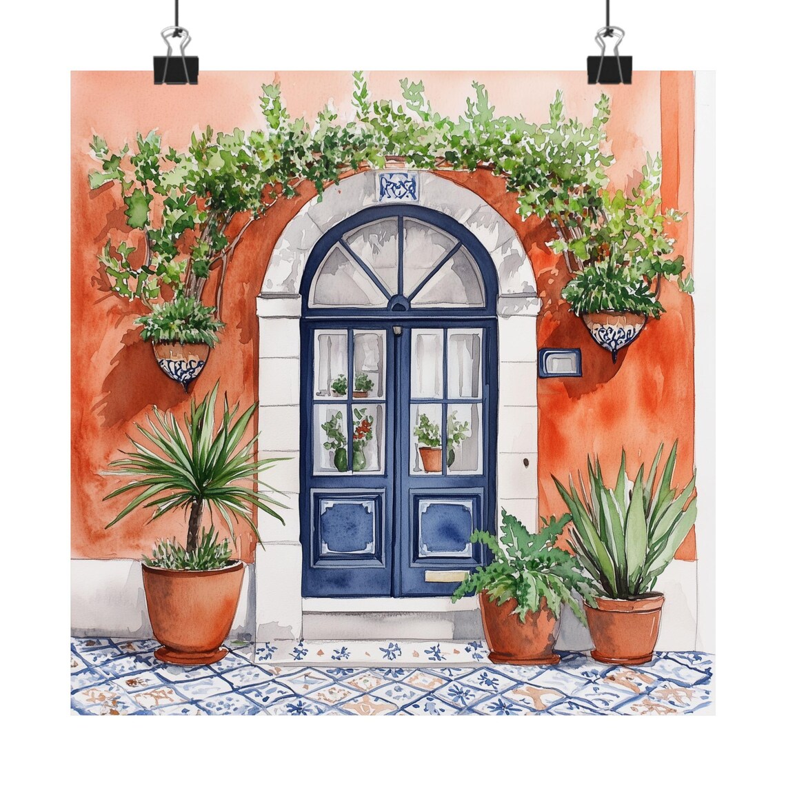 Lisbon Blue Door Portuguese Tiles Watercolor Europe Travel Poster
