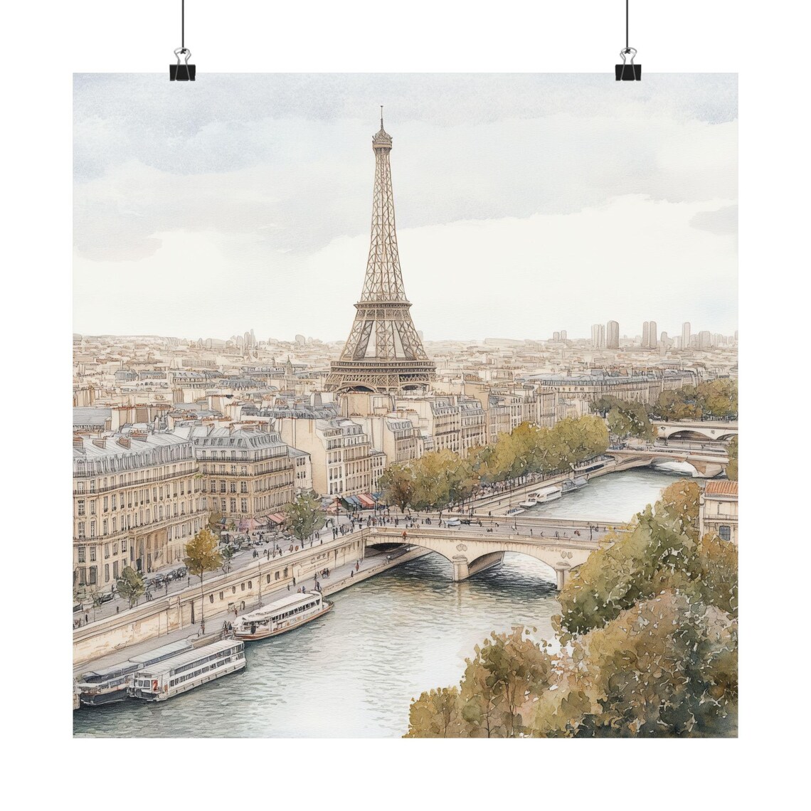 Paris Watercolor Print, Eiffel Tower and Seine