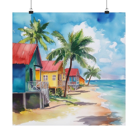 Barbados Tropical Beach Colorful Houses Palm Watercolor Poster