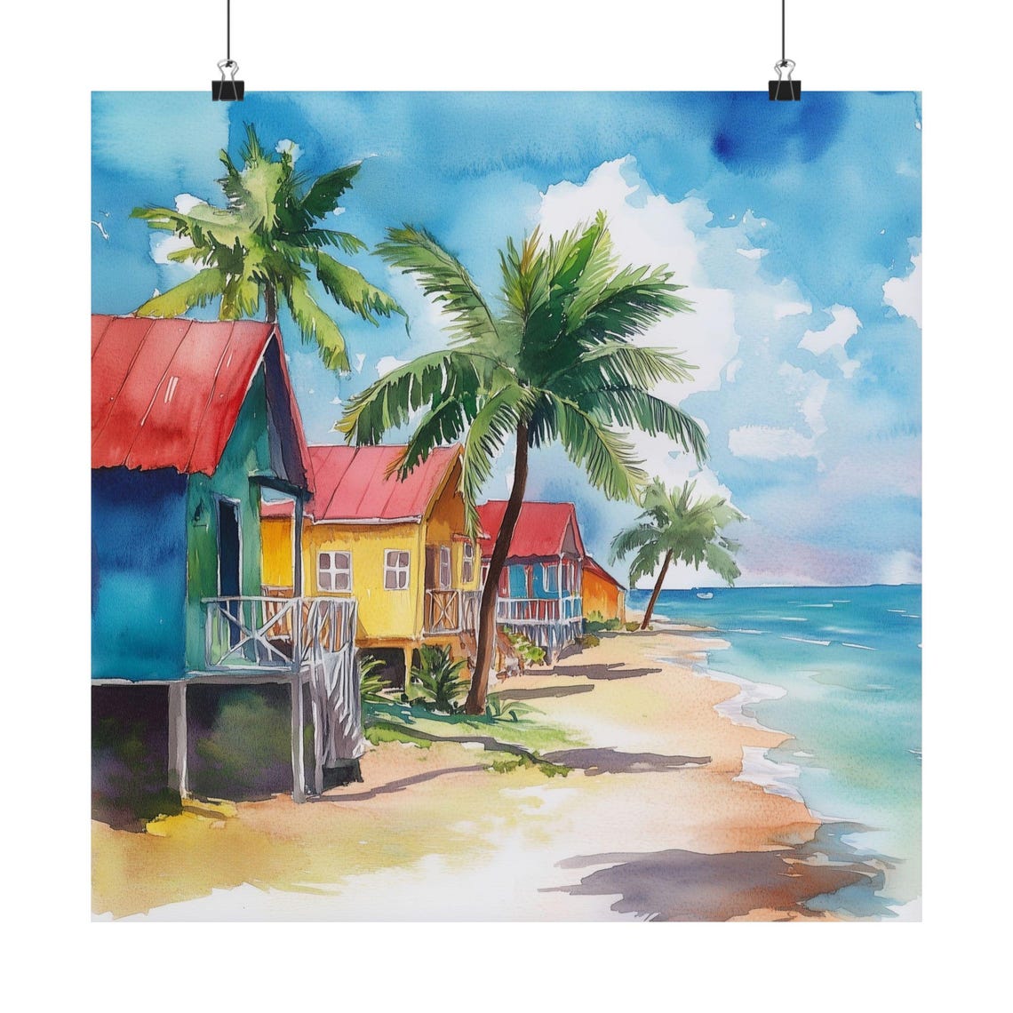 Barbados Art Print Seascape Watercolor Painting Caribbean Travel Gift Tropical Island Wall Colorful Houses Poster