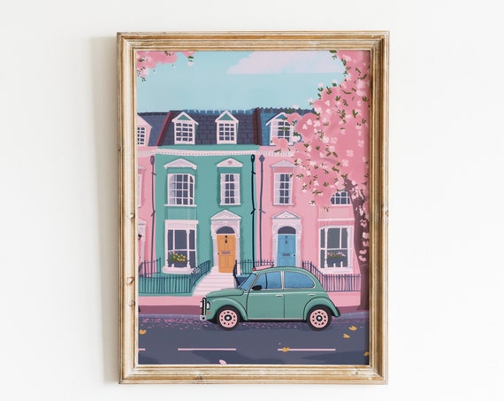 Notting Hill London Illustration London Travel Pink Spring Wall Art Cherry Blossom Art