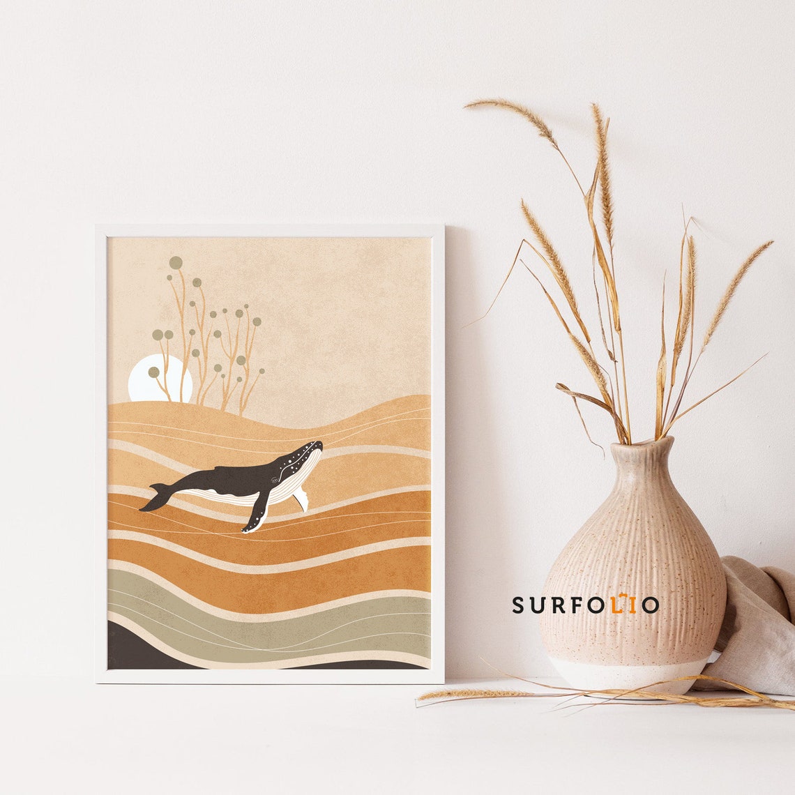 Boho Whale Art Print Humpback Illustration Digital Download
