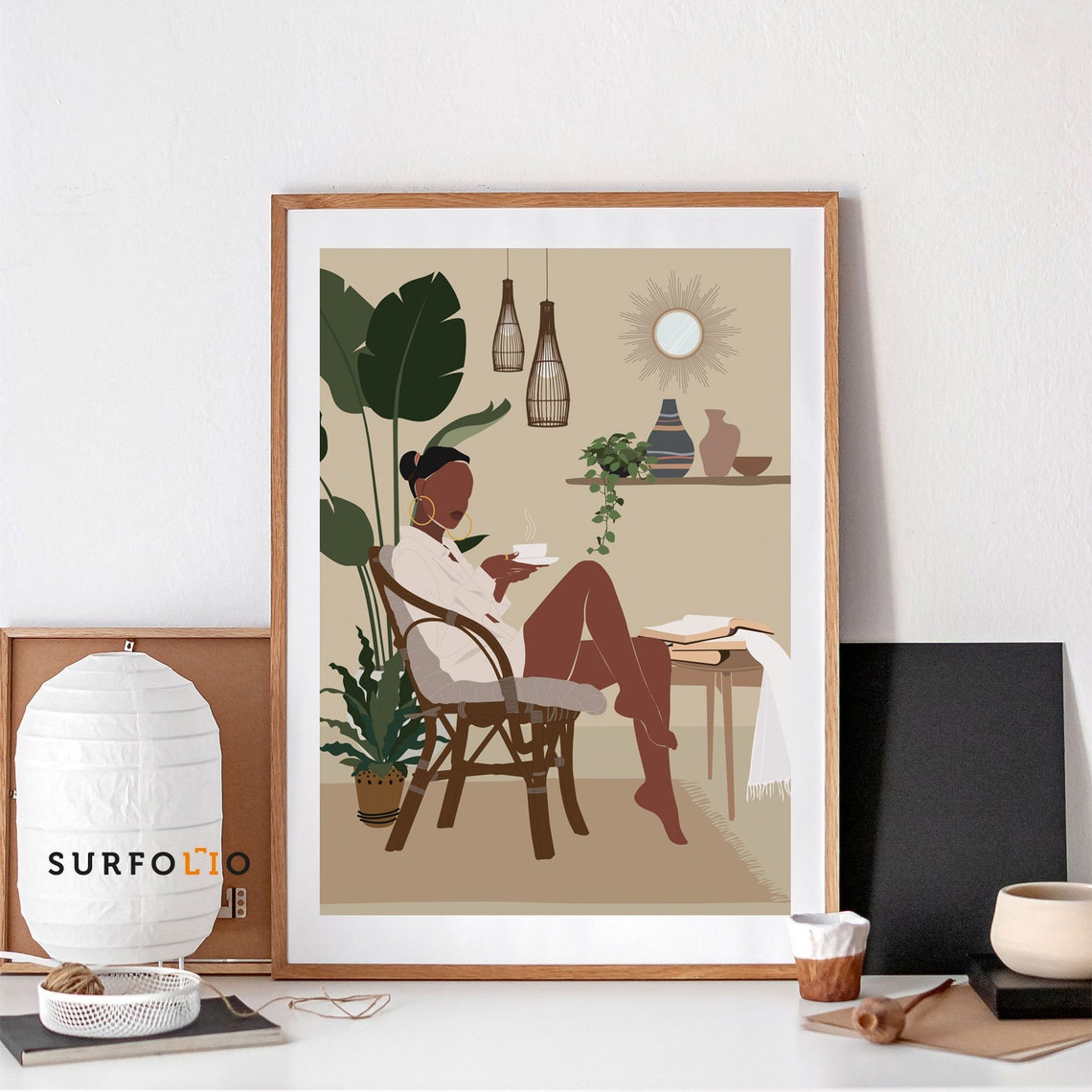 Black Woman Enjoying Coffee Cozy Boho Interior Botanical Poster