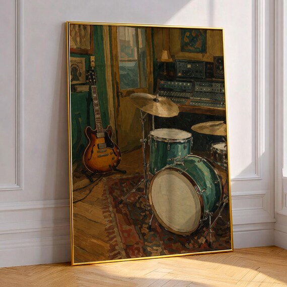Retro Music Studio Art Print Vintage Recording Room Oil Painting Poster Electric Guitar Drums Wall Decor Musician Gift