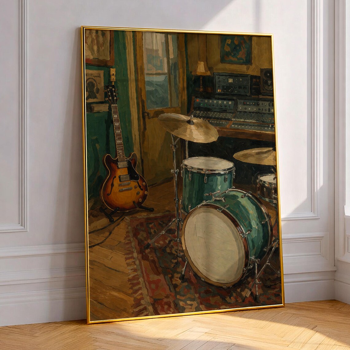 Vintage Music Studio Oil Painting Guitar Drums Retro Wall Art