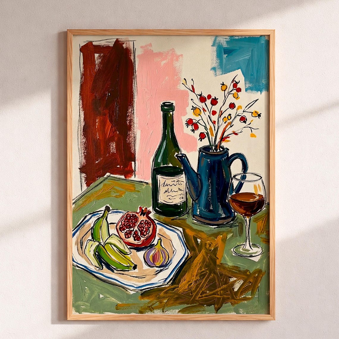 Retro Wine Bottle And Fruit Still Life Pomegranate Kitchen Wall Art
