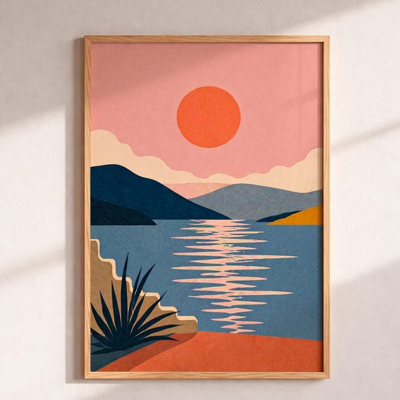 Abstract Sunset Wall Art Boho Mountain Lake Poster Minimalist Coastal Landscape Print Modern Mid Century Decor Serene Nature Home Gift