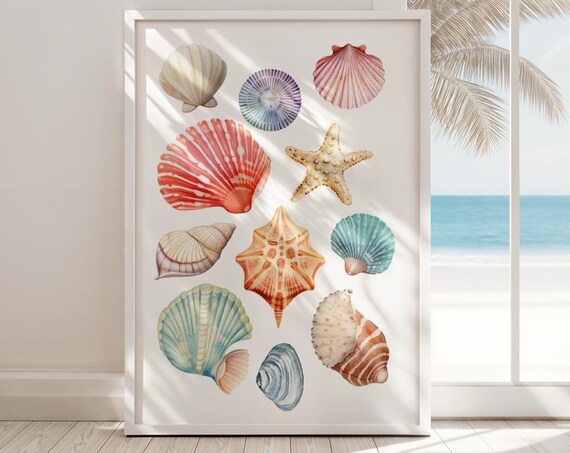 Watercolor Seashells Coastal Beach House Starfish Wall Decor Poster